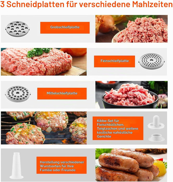 COOCHEER Fleischwolf Elektrisch, 2000W Fleischwolf Hackfleischmaschine mit 3 Lochscheiben, Wurst- un