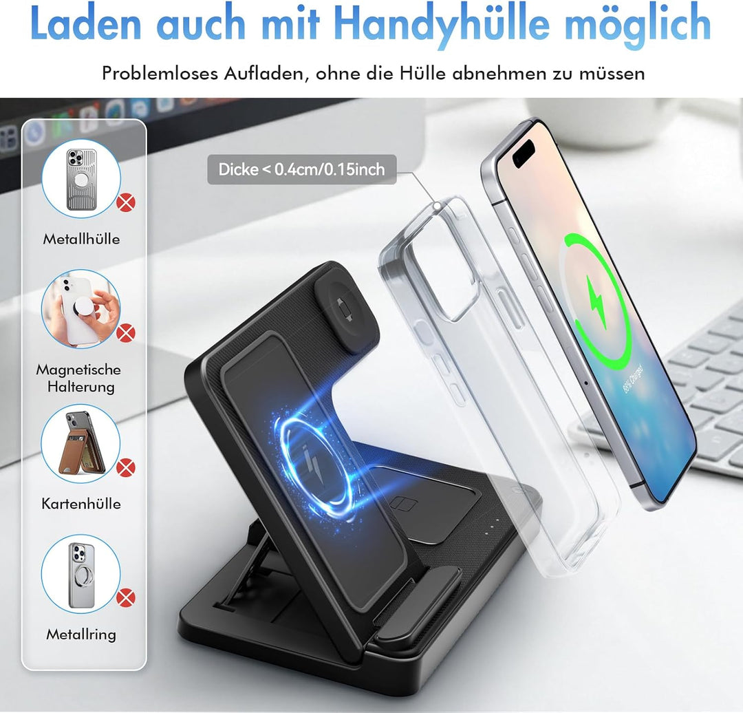 3 in 1 Ladestation Kabellos, 15W Schnellladegerät Wireless Charger für iPhone 17 Pro Max Plus 16 15