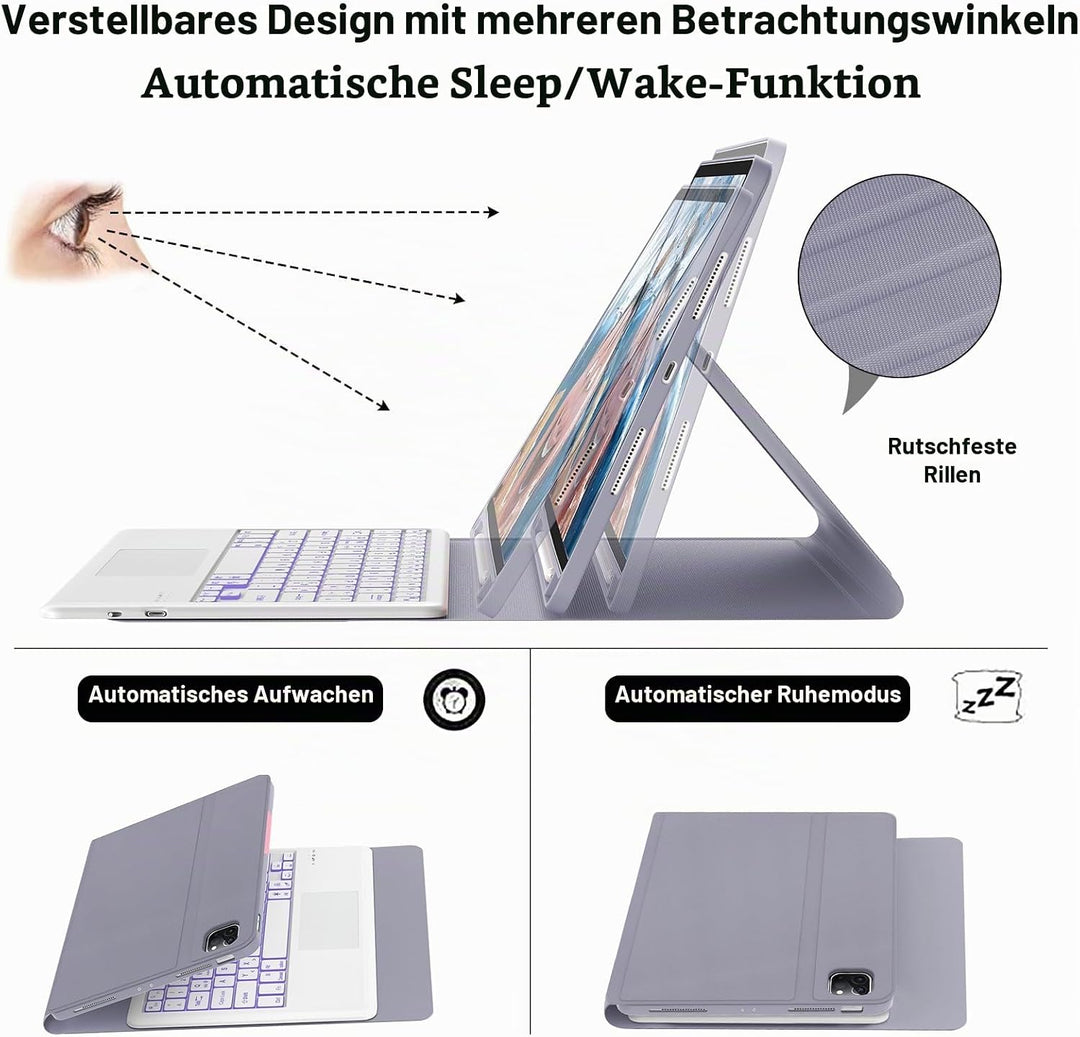 Hülle mit Tastatur für iPad Pro 12.9 (6/5/4/3 Gen), 7 Farben Beleuchtung, Multi Touch Trackpad, Deut