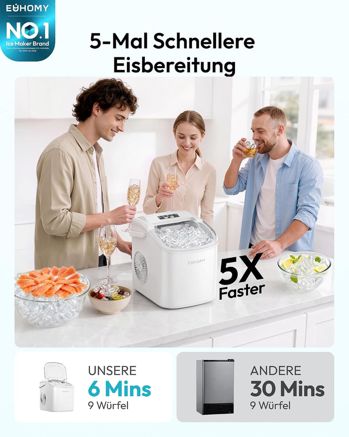 EUHOMY Eiswürfelmaschine, Eiswürfelmaschine Kleine, 9 Eiswürfel in 6 Minuten, Selbstreinigende Eiswü