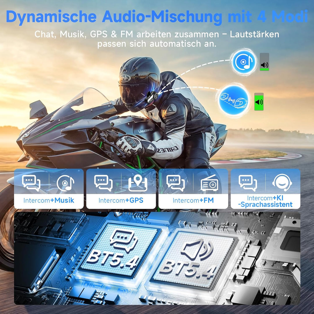 Moman Motorrad Intercom Headset, H2 Pro【1 Pack Schwarz】 Motorradhelm Gegensprechanlage Wireless 5.1
