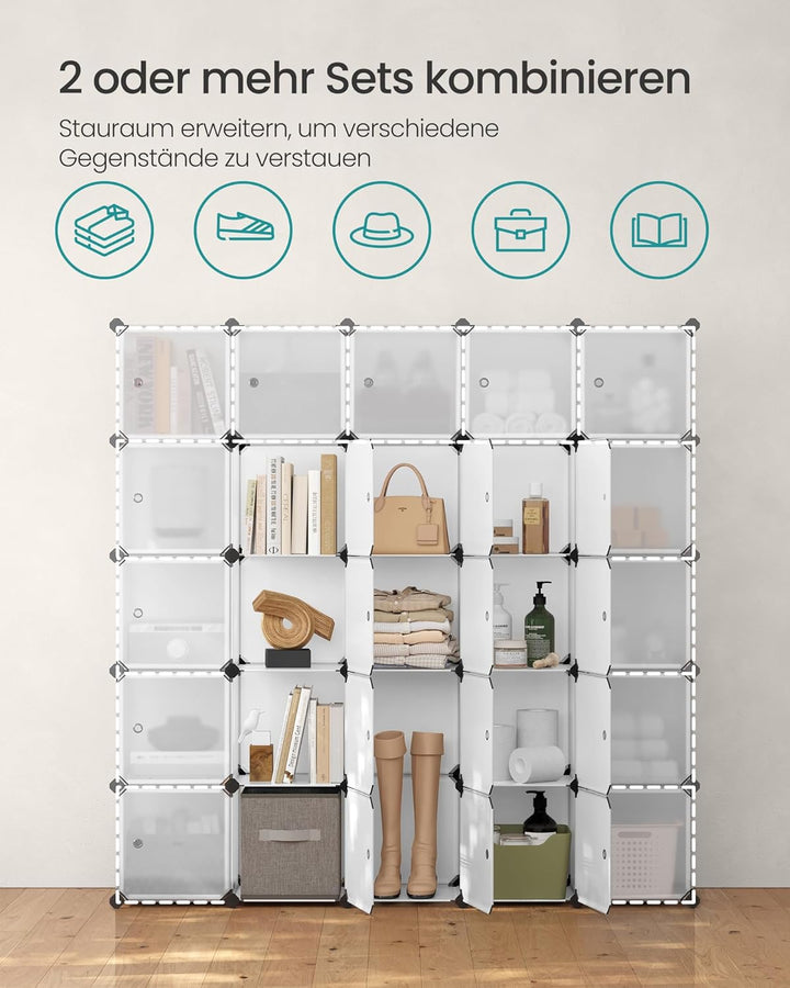 SONGMICS 16 Würfel DIY Regalsystem Kleiderschrank aus Kunststoff mit Türen in modischem Weiss stabil