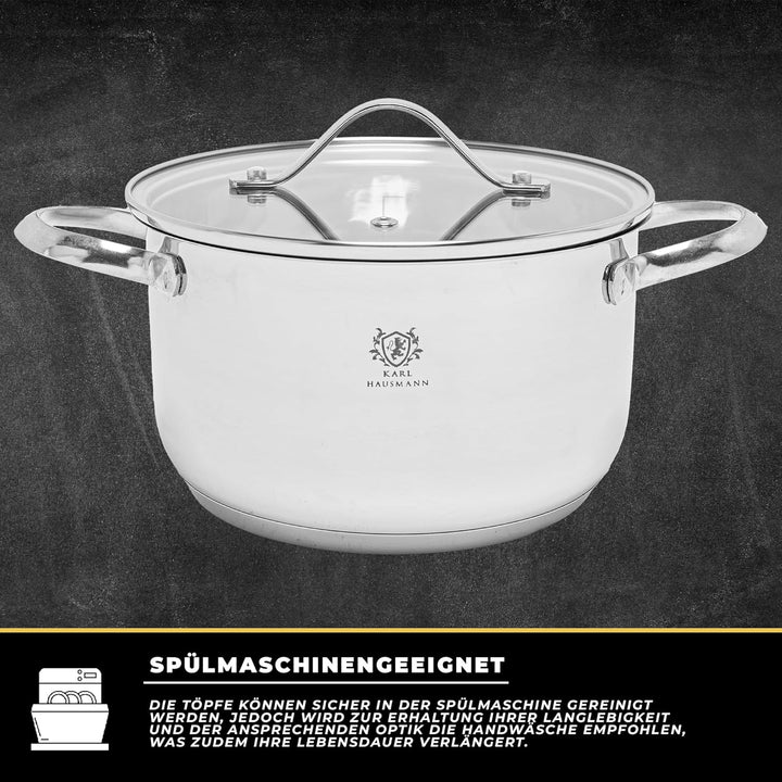 Topfset Induktion 3-teilig, Kochtopf Set mit Glasdeckel, Edelstahl mattiert, Induktions Töpfe Set un