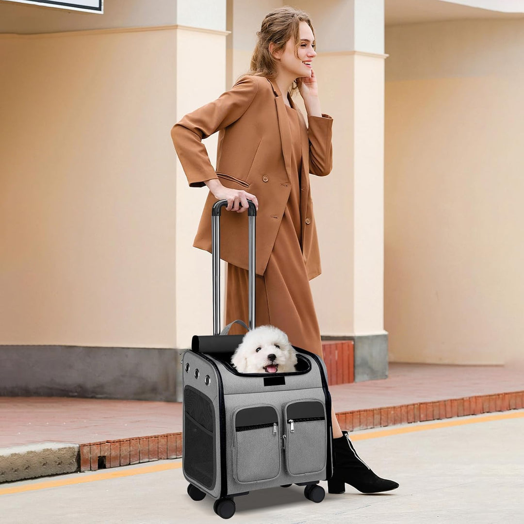 PETCUTE Katzenrucksack Hunderucksack mit Trolley 2 in 1 bis 11 kg,Faltbarer Hundetrolley mit 4 Räder