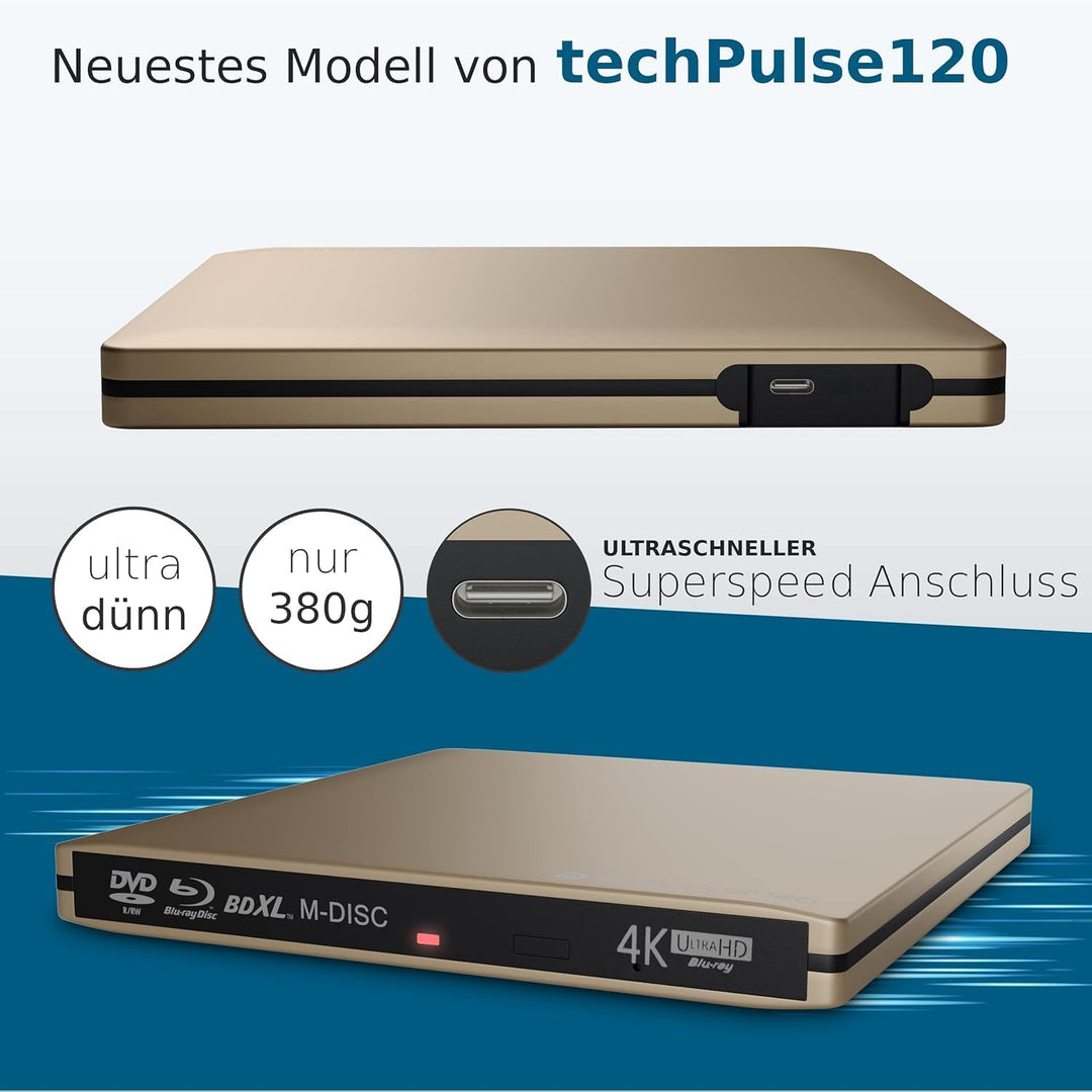 techPulse120 externes USB 3.1 USB-C 3.0 UHD HDR 4k 3D MDisc BDXL Laufwerk Bluray Brenner Burner Supe