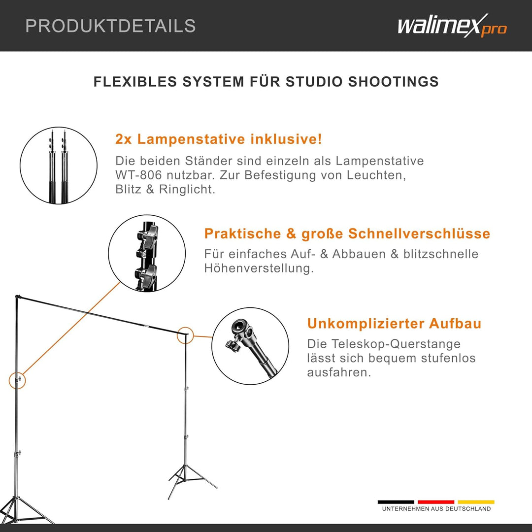 Walimex pro Teleskop Hintergrundsystem XL 225-400cm - extra grosses Fotohintergrund System für Studi