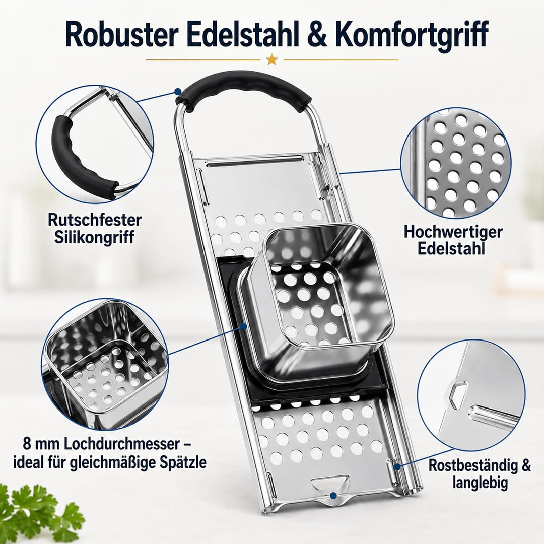 Edelstahl Spätzlehobel, Spätzlepresse mit Gummigriff, Spätzle Reibe, Spätzlehobel mit Teigschlitten,
