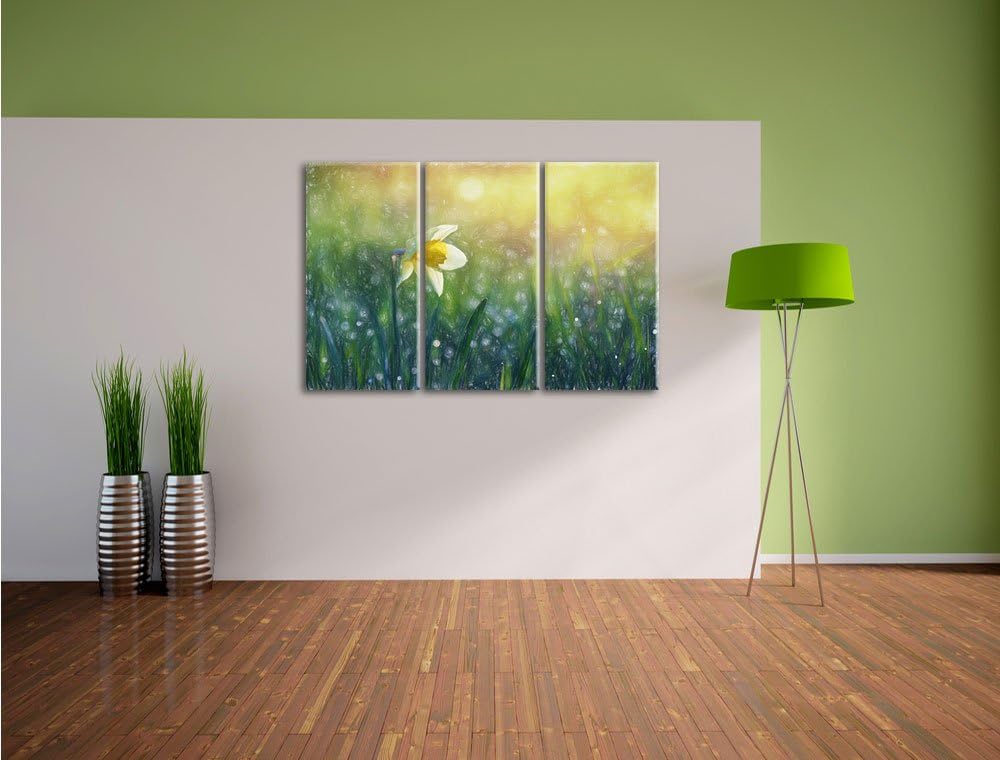 Pixxprint Narzissenblume in der Morgensonne Kunst Buntstift Effekt 3-Teiler Leinwandbild 120x80 Bild