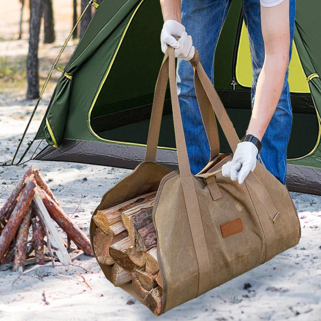Camping Feuerholz Tragetasche - Tragbares Schwerlast Haltertragtasche aus Gewachstem Canvas, Faltbar