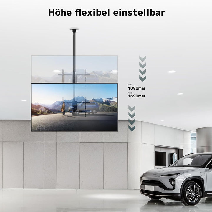 TV Deckenhalterung für 43-86 Zoll bis 60kg, 360° schwenkbar und -25° neigbar, mit ±3° Nivellierung,