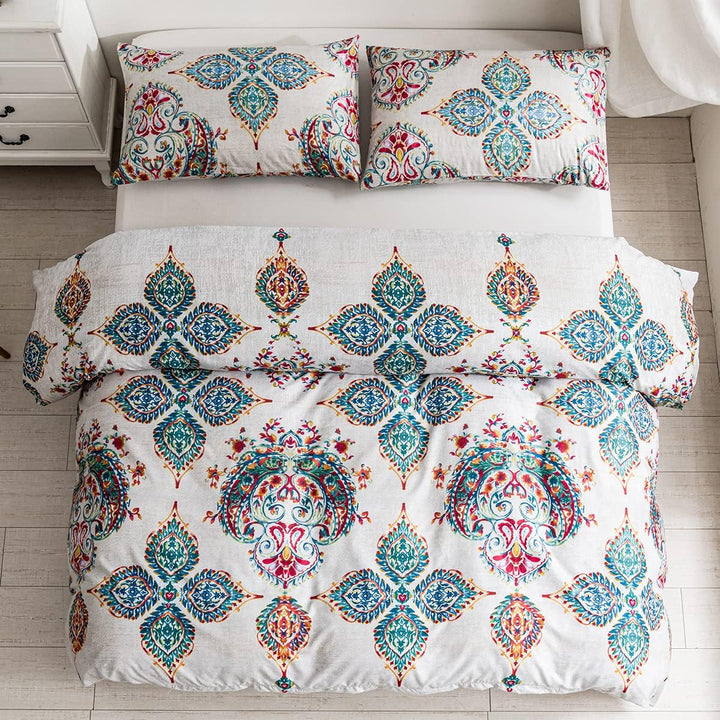Damier Bohemian Bettwäsche 200x200cm Türkis Boho Indische Mandala Deckenbezug mit Verdecktem Reissve