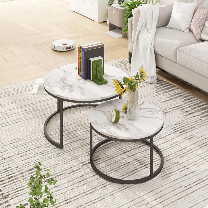 Couchtisch Schwarz, Couchtisch 2er Set mit 1 Grosser Couchtisch Rund und 1 Kleiner Tisch, Beistellti