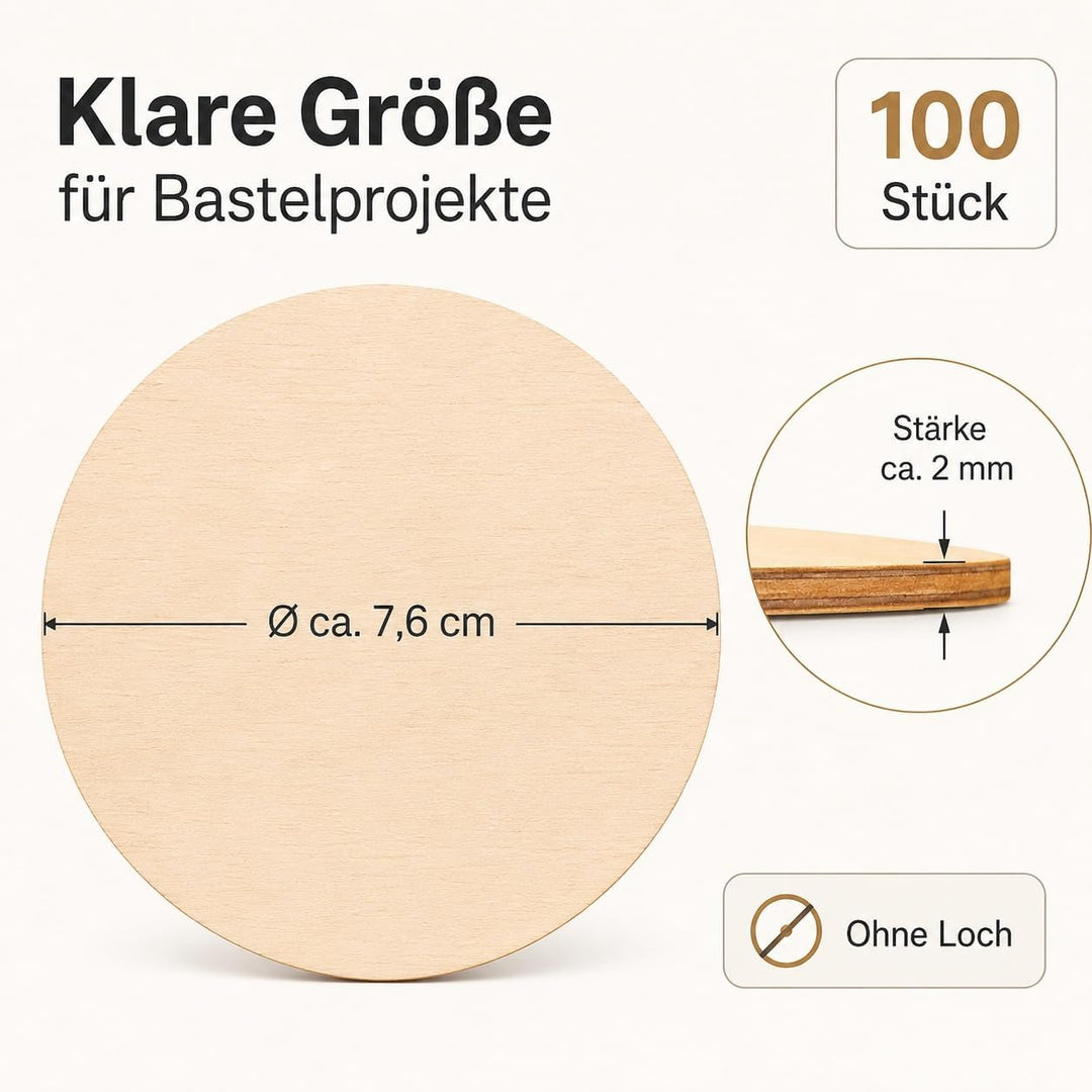 YAYODS 100 Stück runde Holzscheiben Ø 7,6 cm, 2 mm - Holzrohlinge zum Basteln, Bemalen, Beschriften