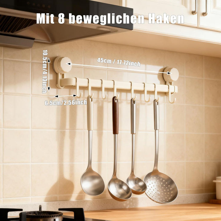 Hakenleiste Küche ohne Bohren mit 8 Haken,Küchenutensilienhalter Saugnapf Montage,45 cm lang,Halter