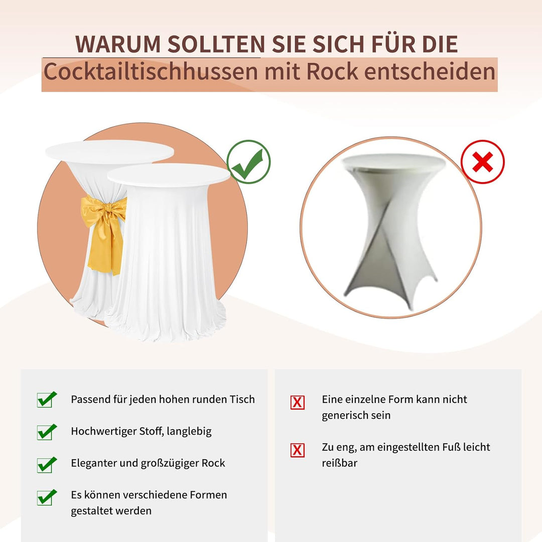 4er-Set Weiss Stehtisch Hussen Stretch mit Rock, 80 x 110 cm,schmutzabweisend, knitterfrei, waschbar