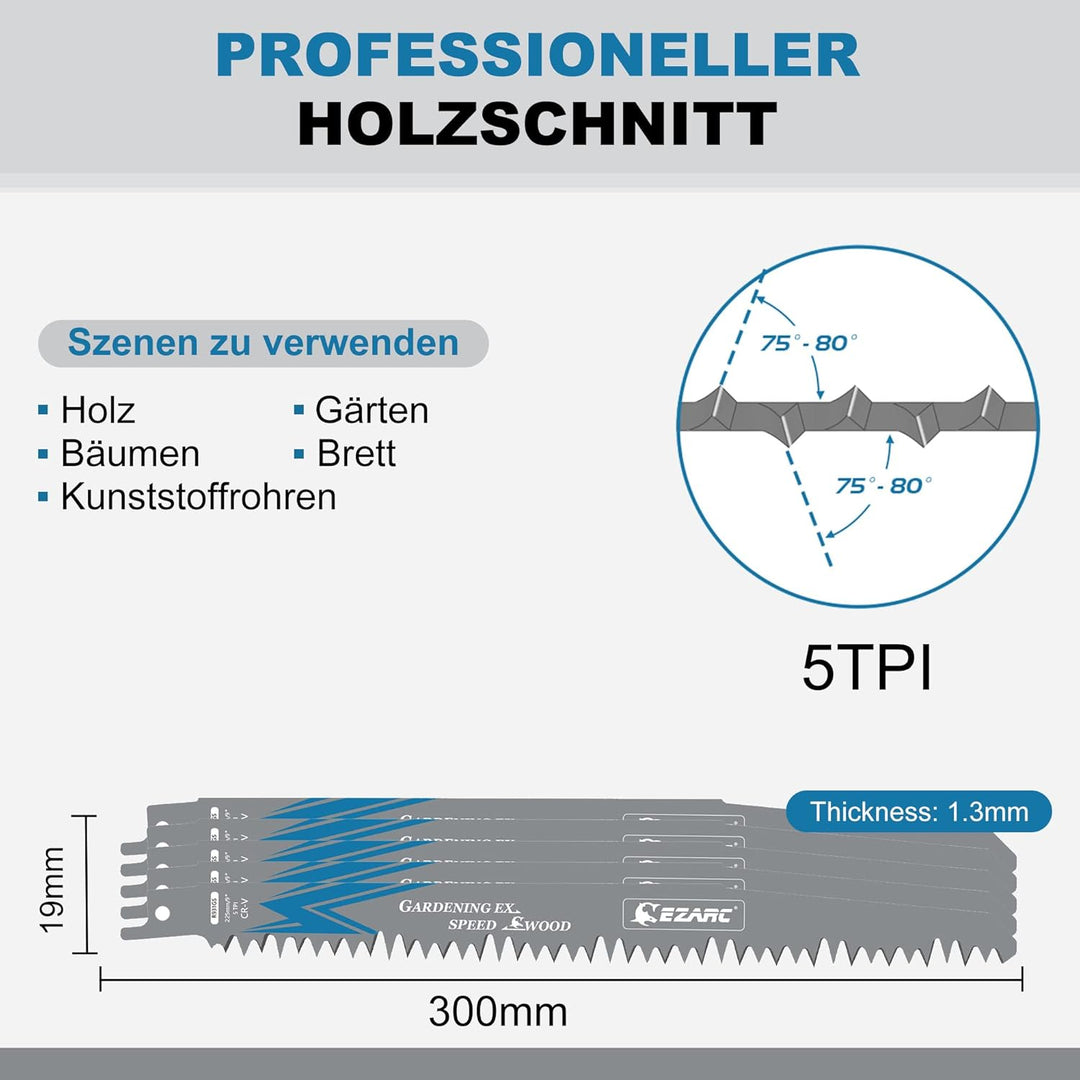 EZARC Säbelsägeblätter Set 5tlg für Holz, Zubehör Säbelsäge, R1231GS für schnelle Schnitte 300mm 5TP
