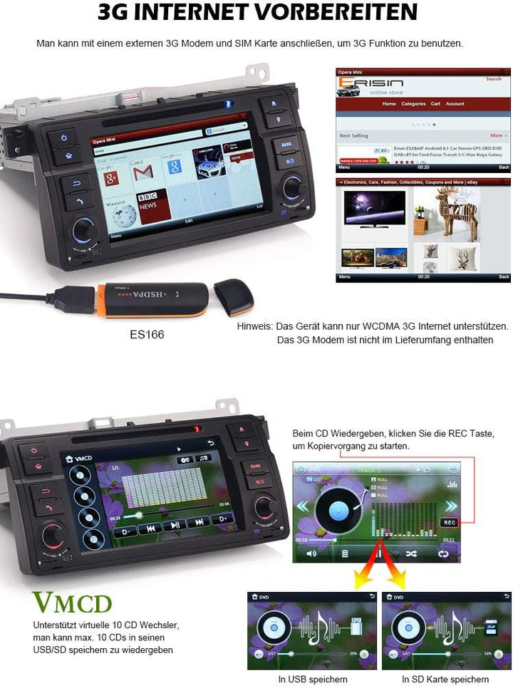 Erisin 7 Zoll Autoradio für BMW 3er E46 318 320 MG ZT Rover 75 Multimedia Player mit USB SD Navi Unt
