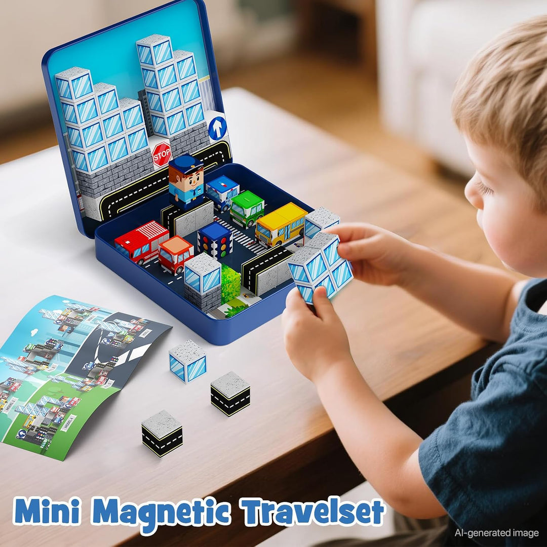 Magnetische Bausteine Stadtverkehr Set, Reisespielzeug für Kinder STEM Spielzeuge Reise Lerngeschenk