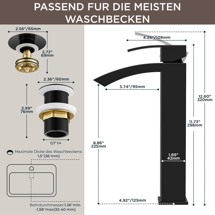 FORIOUS Wasserhahn Bad Schwarz mit Ablaufgarnitur, Wasserfall Waschtischarmatur Hoch mit Auslauf Höh