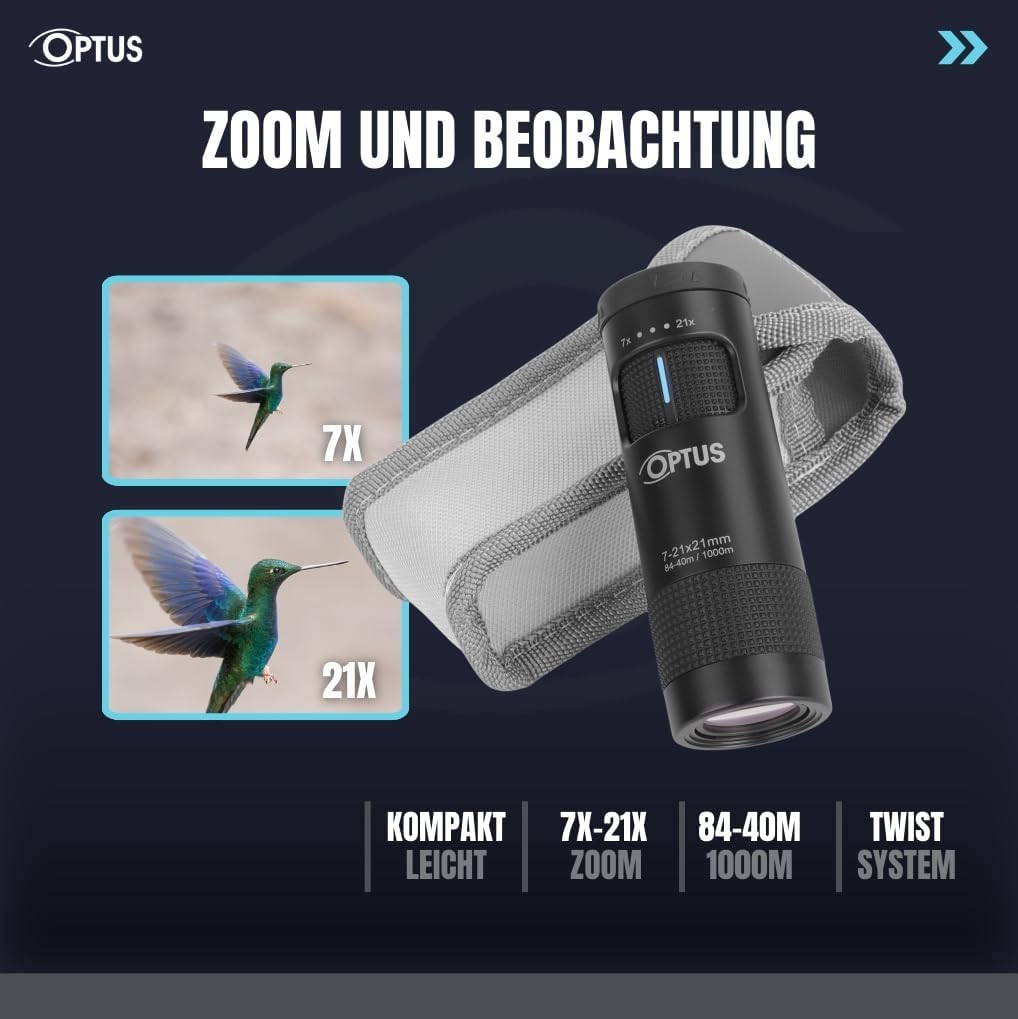 Optus Zoom Monokular 7-21x21 mit Stativanschluss Augenmuschel für Brillenträger kompaktes Fernrohr f