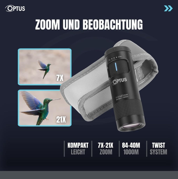 Optus Zoom Monokular 7-21x21 mit Stativanschluss Augenmuschel für Brillenträger kompaktes Fernrohr f