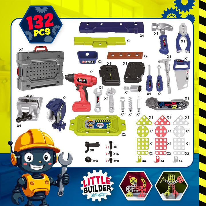 Kinderplay Kinder Werkbank 132 TLG mit Werkzeugset und Bohrmaschine, Werkstatt für Kinder ab 3 Jahre
