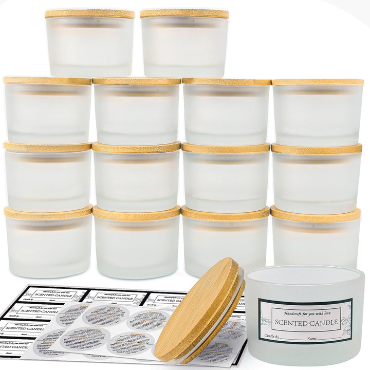 CONNOO 15 Stück 120 ml Frostige Glas-Kerzengläser mit luftdichten Bambusdeckeln zum Kerzenmachen, kl
