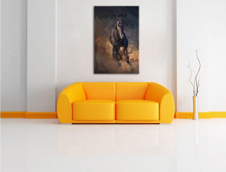 Pixxprint Elegantes schwarzes Pferd als Leinwandbild/Grösse: 100x70 / Wandbild/Kunstdruck/fertig bes