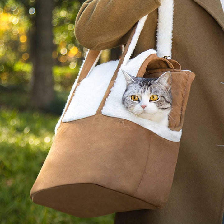 Monkimau Luxuriöse Hundetasche und Katzentasche aus Wildleder mit Lammfell | Faltbare Tragetasche fü