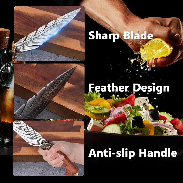 PURPLEBIRD Handgeschmiedetes Japanisches Kochmesser mit Lederhülle,Scharfes Ausbeinmesser mit Holzgr