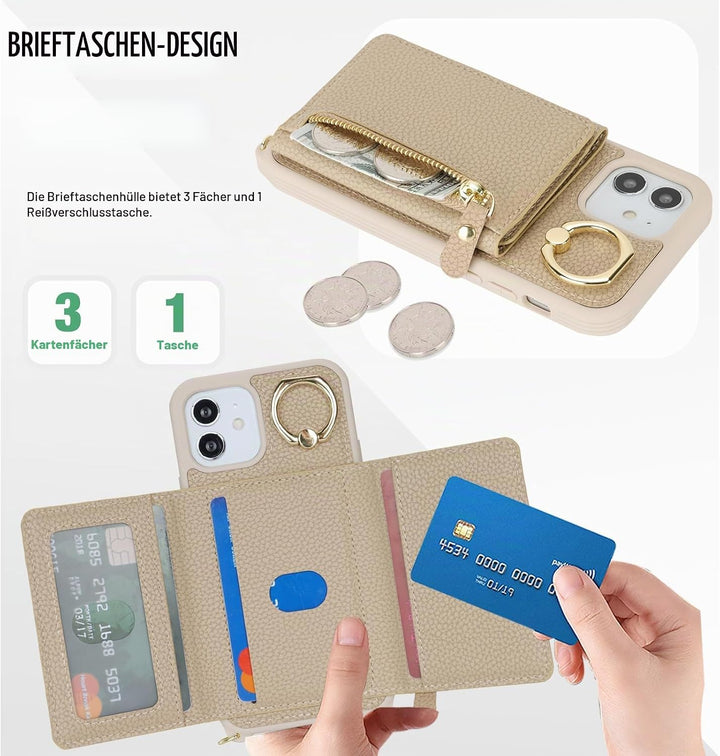 ELTEKER Handyhülle für iPhone 12 Mini Hülle mit Band Kartenfach Handykette Ringhalterung Geldbörse,L