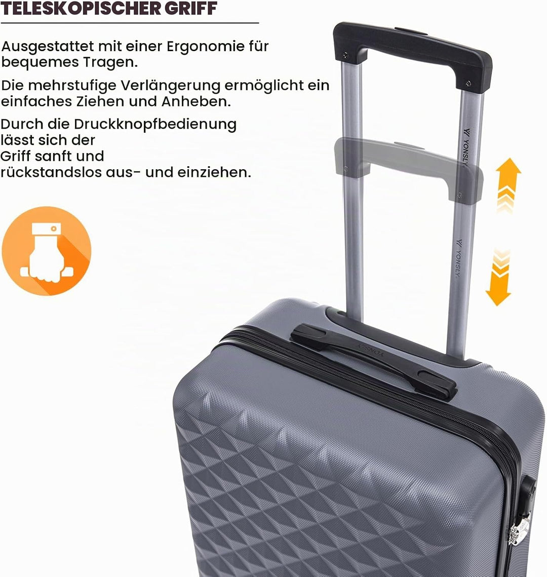 Koffer Suitcase S Grau, Trolley Reisekoffer, Kabinenkoffer Rollkoffer Handgepäck mit 4 Rollen 360°,