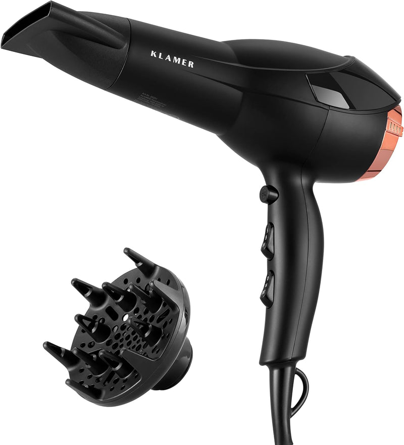 KLAMER Haartrockner 2200W, Ionen Haartrockner, Universal Anti Frizz Haar-föhn, 3 Heiz- & 2 Gebläsest