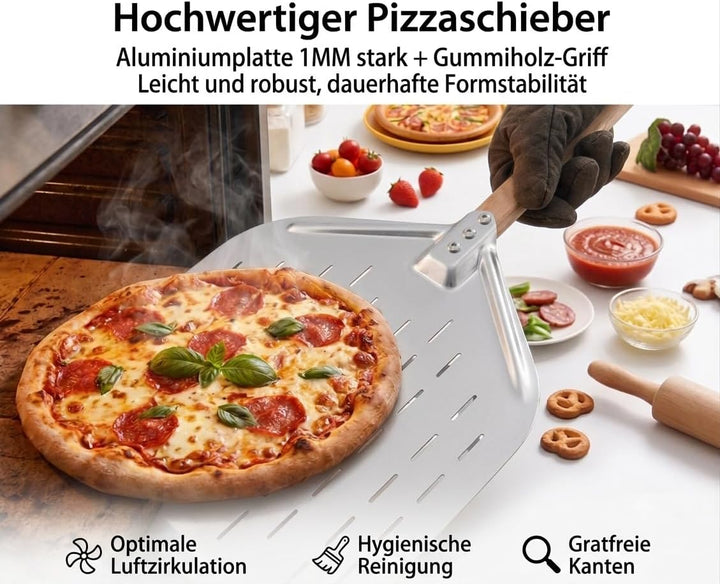 Pizzaschieber perforiert 39.5 * 30 * 70 cm – Aluminium Pizzaschaufel mit abnehmbarem Holzgriff, leic