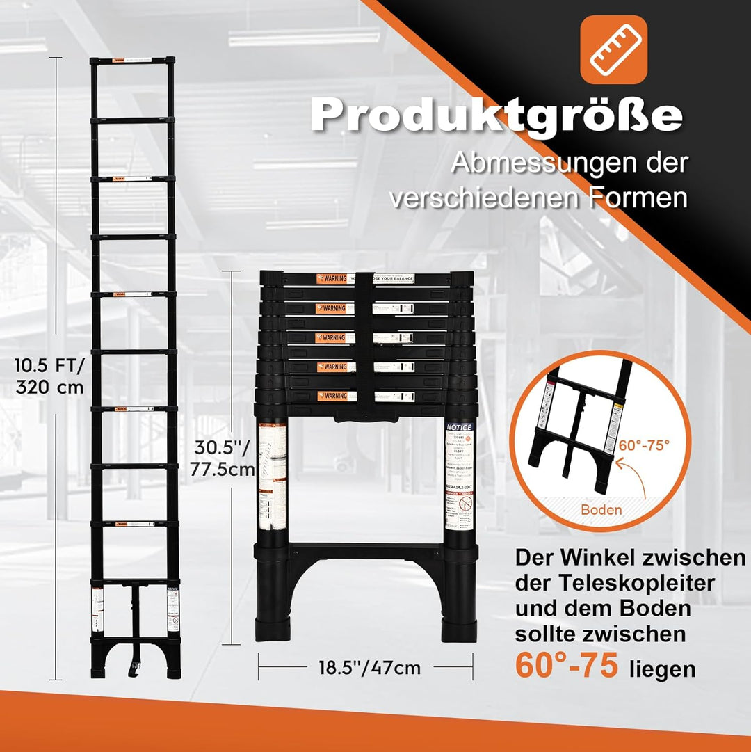 HBTower Teleskopleiter 3,2m mit rutschfesten Füssen, Leichte Ausziehleiter, Leiter Ausziehbar, klapp