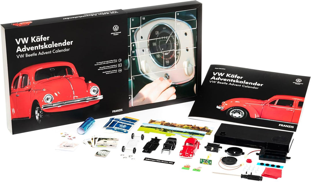 FRANZIS 55255 - VW Käfer Adventskalender rot, Metall Modellbausatz im Massstab 1:43, inkl. Soundmodu
