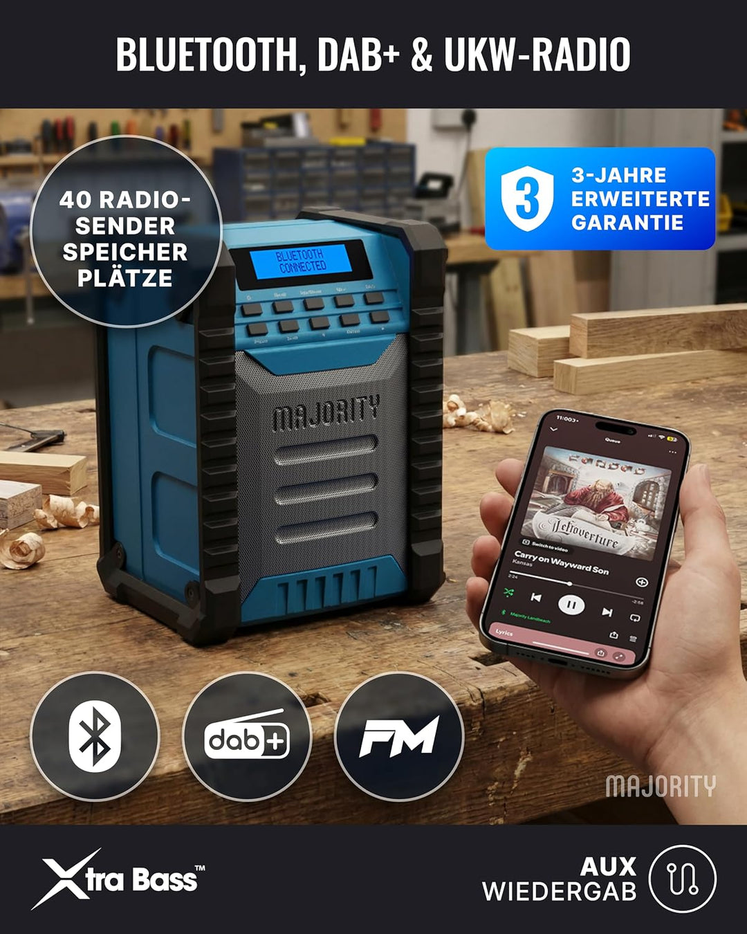 MAJORITY Landbeach Baustellenradio | DAB Radio mit Bluetooth für Baustelle | 10.000mAh Akku & USB-Po