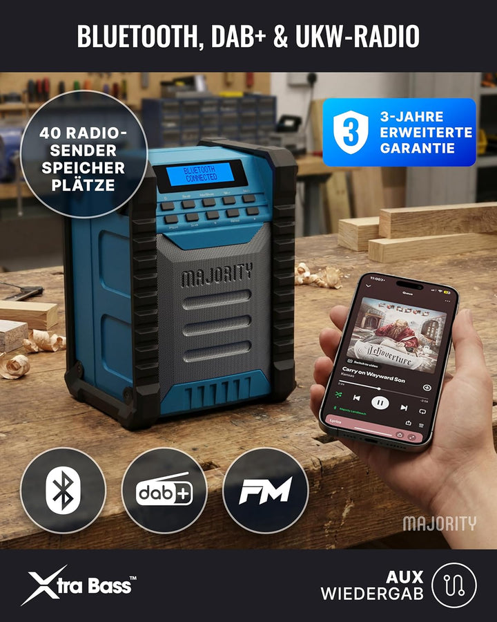 MAJORITY Landbeach Baustellenradio | DAB Radio mit Bluetooth für Baustelle | 10.000mAh Akku & USB-Po