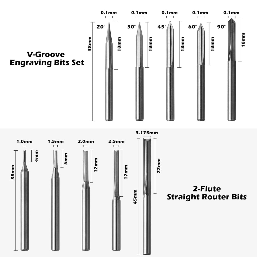Genmitsu 50 Stück Hartmetall CNC Fräser-Satz, 1/8 Zoll Schaft 2-Flute Schaftfräser, Kugelfräser & Sp