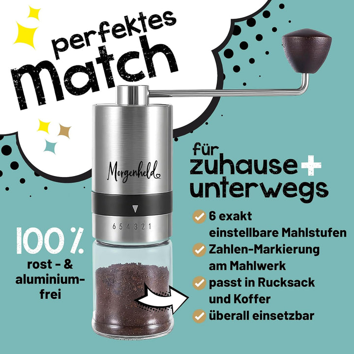Kaffeemühle manuell aus Edelstahl 2 Glas Behälter – 6 Mahlgrade (Espresso bis Cold Brew) – Handkaffe