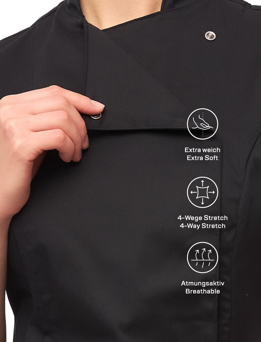 strongAnt Kochjacke Damen kurzarm Stretch mit Druckknöpfen oder Reissverschluss Kochuniform S Schwar
