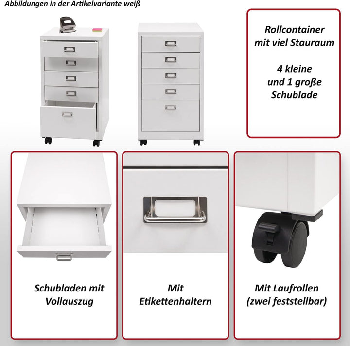Mendler Rollcontainer HWC-L49, Schubladenschrank Stahlschrank Aktenschrank, Metall 75x40x41cm 5 Schu