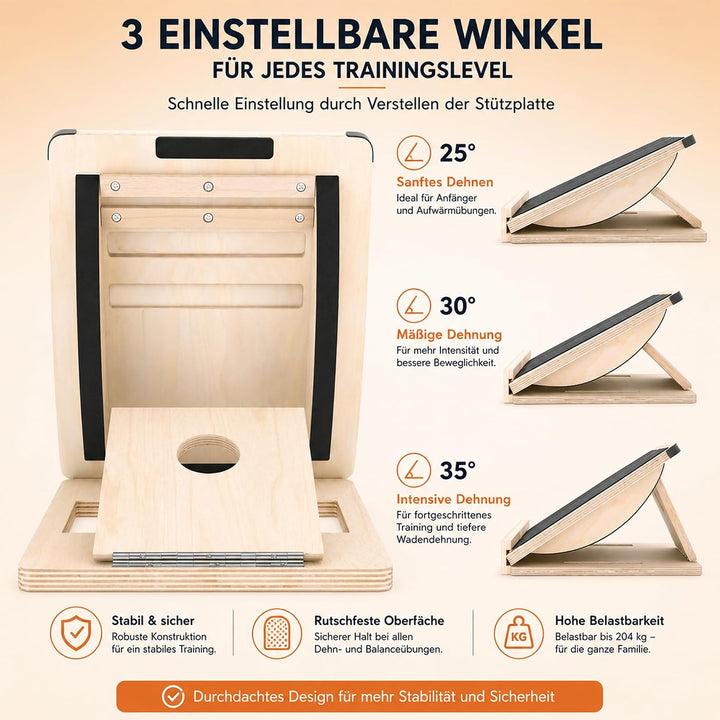 Professionelles 2-in-1 Holz Schrägbrett & Balance Board Verstellbares Neigungsbrett und Wadendehner,