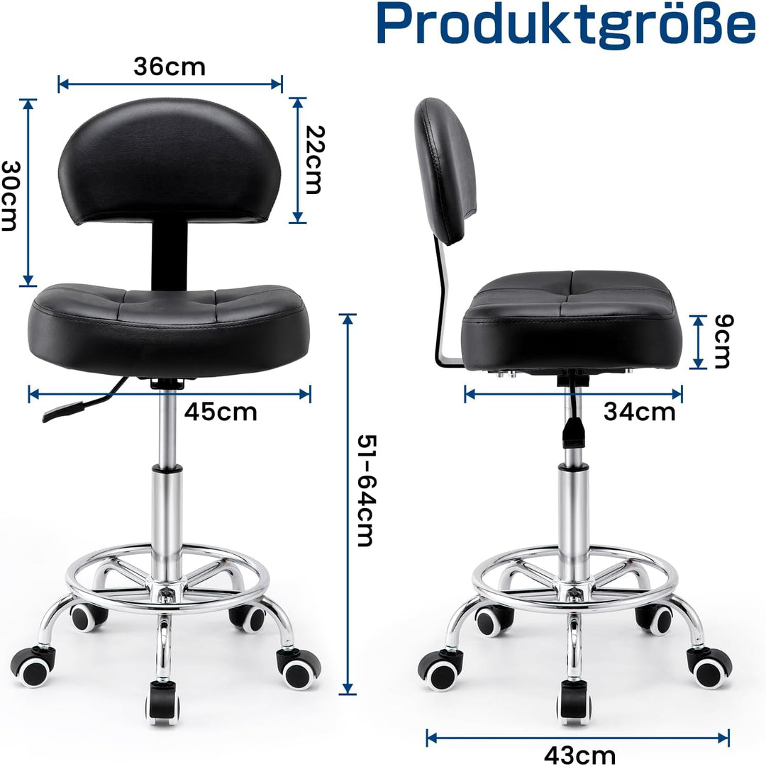 Rollhocker mit Lehne - Hocker mit Rollen und breitem, rechteckigem Sitzkissen | Rollhocker höhenvers