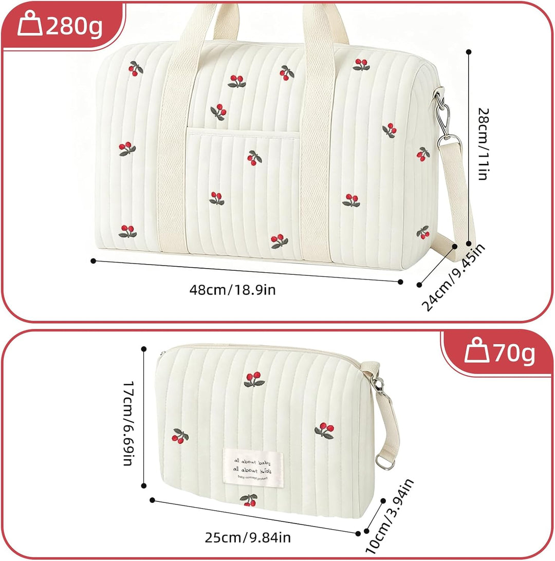 Grosse Kliniktasche Geburt Set 2-teilig, Wickeltasche Baumwolle mit Kirsch-Stickerei, Muttertasche f
