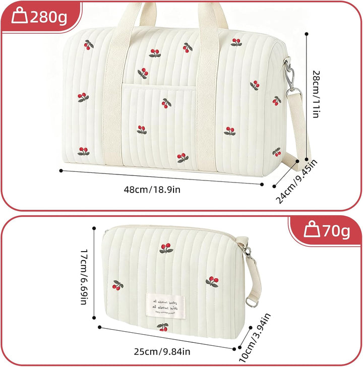 Grosse Kliniktasche Geburt Set 2-teilig, Wickeltasche Baumwolle mit Kirsch-Stickerei, Muttertasche f