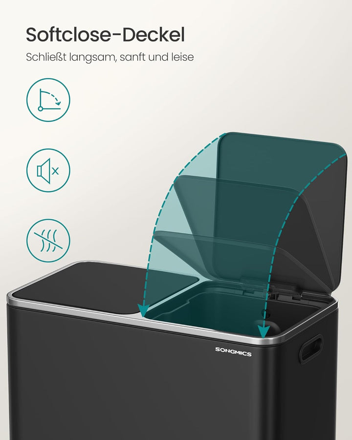 SONGMICS Mülleimer, 2 x 40 Liter, 2 Fächer, Mülltrennsystem, Treteimer, Abfalleimer Küche, 15 Müllsä