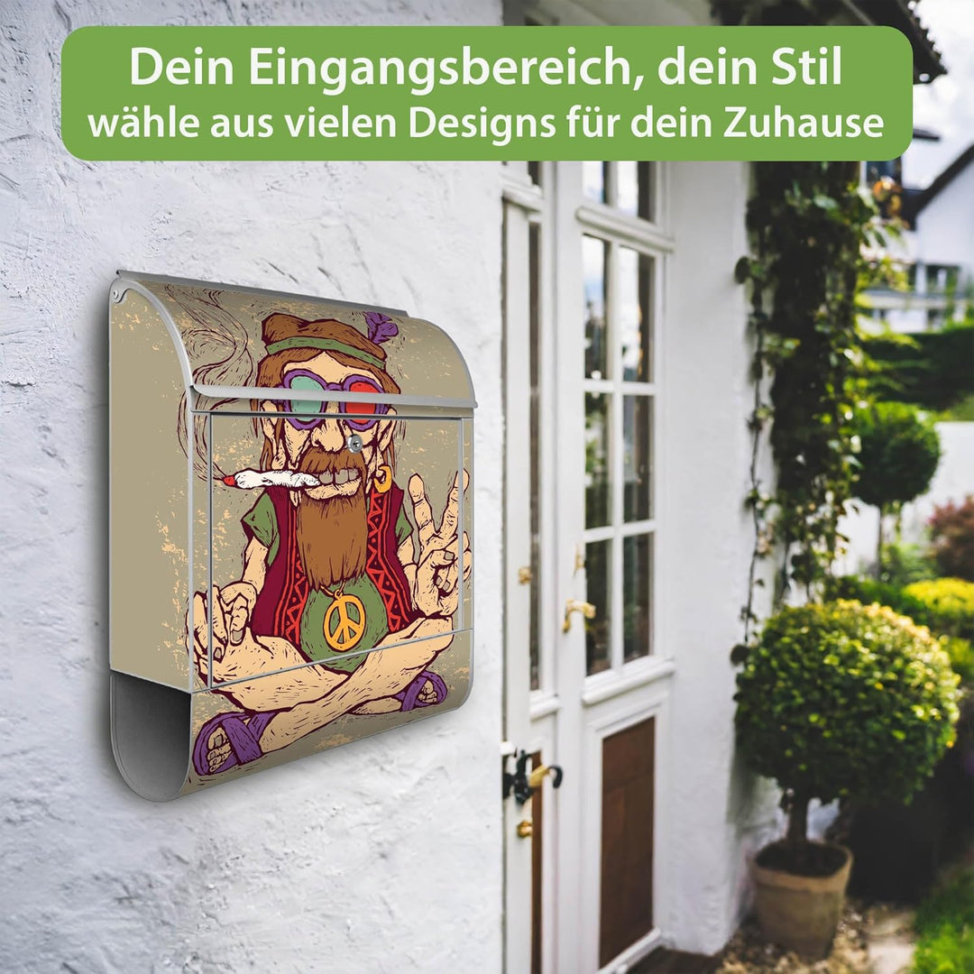 banjado® Design Briefkasten mit Motiv Peace 39x47x14cm & 2 Schlüssel - Briefkasten Stahl Silber mit