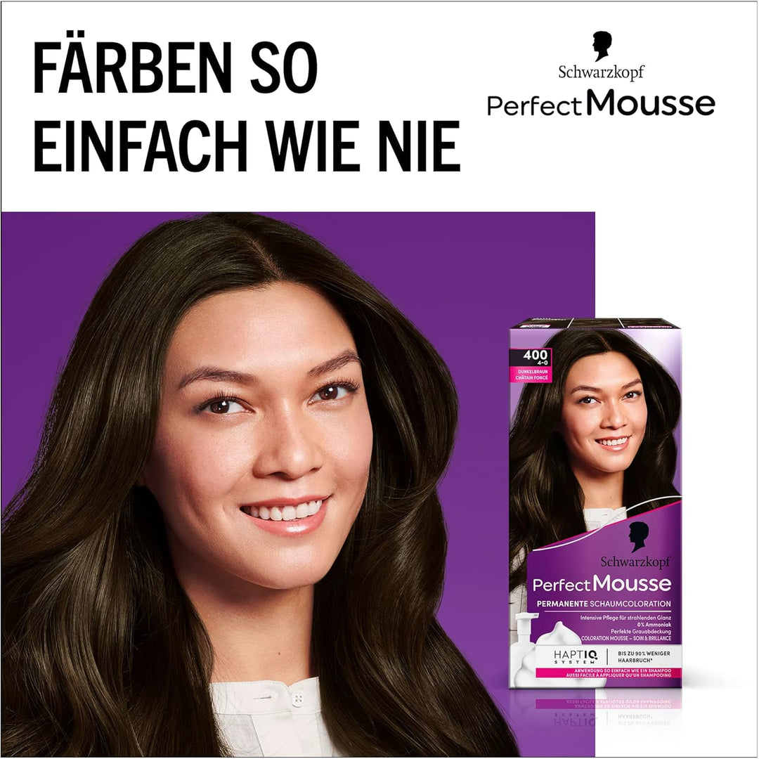 Schwarzkopf Perfect Mousse Permanente Schaumcoloration 400/4-0 Dunkelbraun (3 x 92,5 ml), Haarfarbe