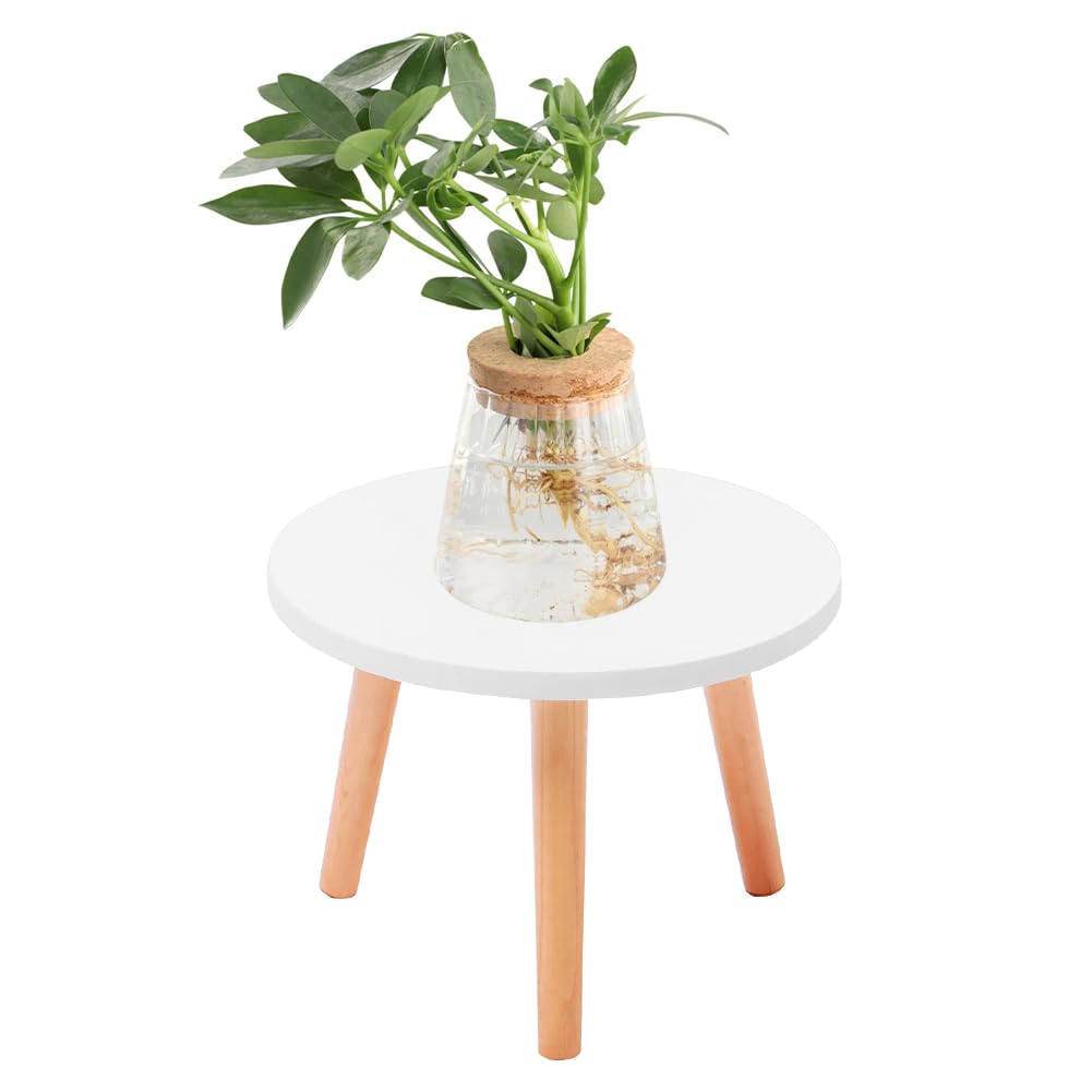 Pflanzenständer aus Holz, Weiss Blumenständer Rund, Holz Blumenhocker mit 3 Beinen, Moderner Beistel